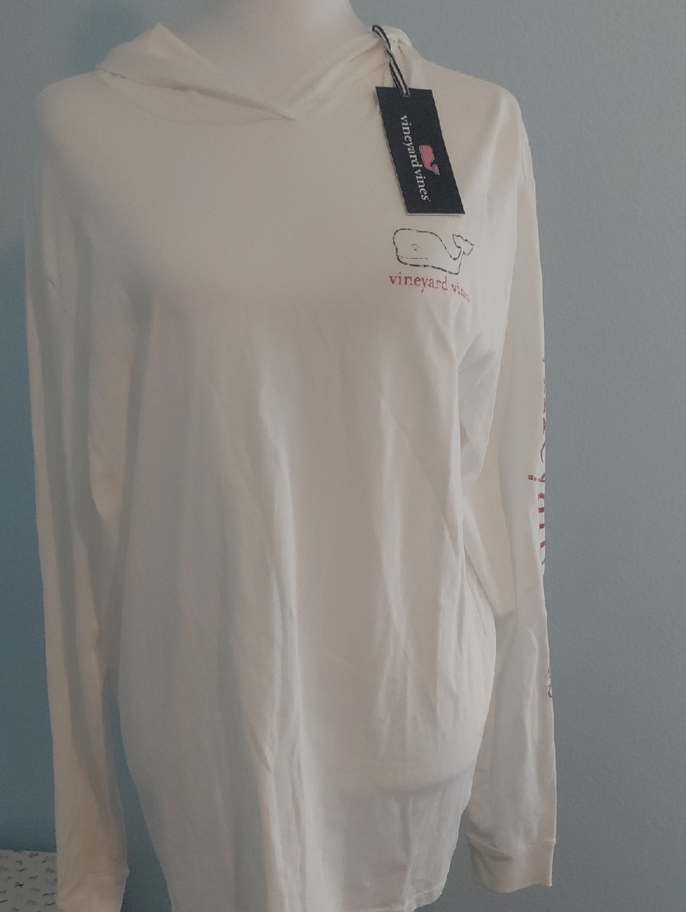 Vineyard Vines White Long-Sleeve Hooded Tee with Small Whale Logo